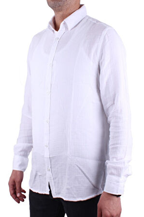 Dagoster DMG23-121362 Beyaz Günlük Müslin Normal Kalıp Uzun Kol Erkek Gömlek