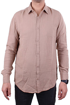 Dagoster DMG23-121362 Toprak Günlük Müslin Normal Kalıp Uzun Kol Erkek Gömlek