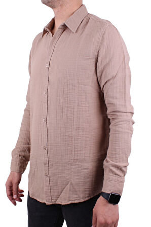 Dagoster DMG23-121362 Toprak Günlük Müslin Normal Kalıp Uzun Kol Erkek Gömlek