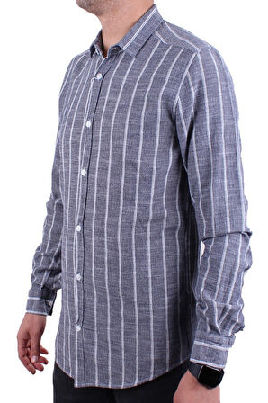 Dagoster DMG23-114098 Lacivert Beyaz Günlük Hasır Keten Normal Kalıp Uzun Kol Erkek Gömlek