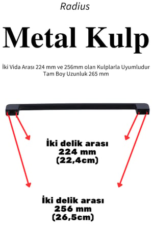 Radius Siyah Metal Mobilya Kulpu 256 mm 25,6 cm Uyumlu Modern Mutfak Dolabı Çekmece Kulbu 22,4 25,6