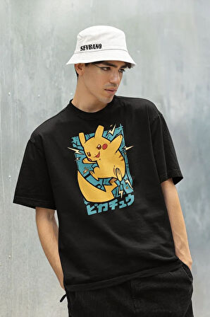 Pokemon Baskılı Unisex Tişört, Oversize Pikaçu Tişört