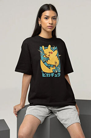 Pokemon Baskılı Unisex Tişört, Oversize Pikaçu Tişört