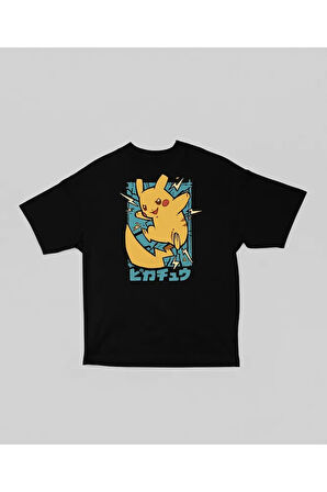 Pokemon Baskılı Unisex Tişört, Oversize Pikaçu Tişört