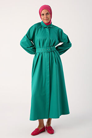 Zümrüt-Kemerli Gömlek Yaka Elbise