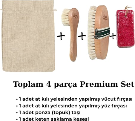 %100 At Kılı Vucüt Bakım Fırçası, Yüz Fırçası, Topuk (ponza) Taşı ve Kese, Kuru Fırçalama, Selülit/Varis/Kırışık Giderici, Hücre Yenileme, Gençleştirici Sıkılaştırıcı, Doğal Peeling, (4 Adet)