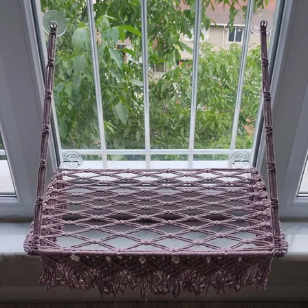 Makrome Vantuzlu Hamak Cam Kedi Yatağı (Gül Grisi)