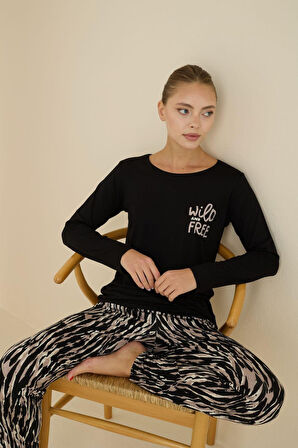 Kadın Desenli Bisiklet Yaka Düğmesiz Mevsimlik Likra Viskon Uzun Kol Pijama Takımı