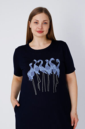 Lacivert Cepli Nakış Ve Taş Detaylı Viskon Kadın Büyük Beden Kısa Kollu Elbise