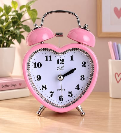 Pembe Kalp Tasarımlı Çift Zilli Metal Çalar Saat – Dekoratif Masa Saati