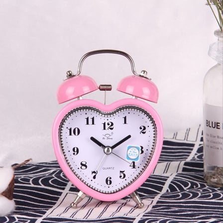 Pembe Kalp Tasarımlı Çift Zilli Metal Çalar Saat – Dekoratif Masa Saati