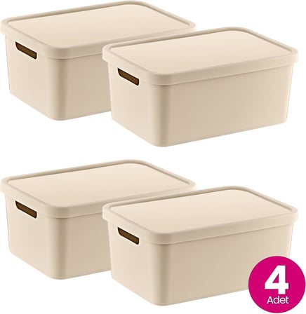 4'Lü Set Stafi Çok Amaçlı Kapaklı Kutu Latte 4,5 LT - LATTE, Çok Amaçlı Kapaklı Kutu, Ev-Ofis-Depo İçin, Kapaklı Saklama Kutusu