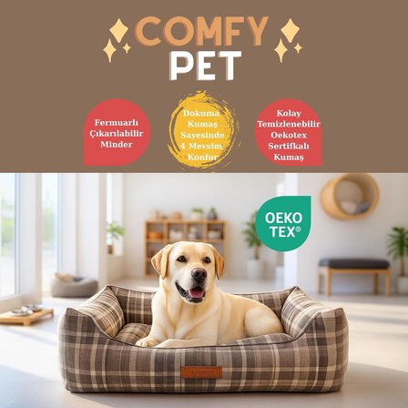 Jungolica Comfy Pet Kedi ve Köpek Yatağı Bej/Oeko-Tex Sertifikalı Dokuma Kumaş, Yıkanabilir Fermuarlı Minder, Destekleyici Yapı, Kaydırmaz Taban (Bej, Large 58 × 70 × 22 CM)