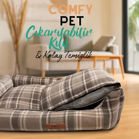 Jungolica Comfy Pet Kedi ve Köpek Yatağı Bej/Oeko-Tex Sertifikalı Dokuma Kumaş, Yıkanabilir Fermuarlı Minder, Destekleyici Yapı, Kaydırmaz Taban (Bej, Large 58 × 70 × 22 CM)