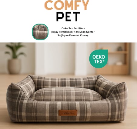 Jungolica Comfy Pet Kedi ve Köpek Yatağı Bej/Oeko-Tex Sertifikalı Dokuma Kumaş, Yıkanabilir Fermuarlı Minder, Destekleyici Yapı, Kaydırmaz Taban (Bej, Large 58 × 70 × 22 CM)