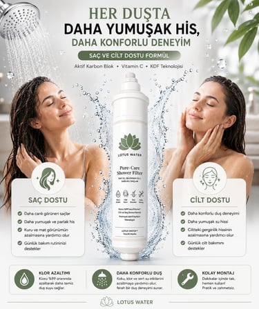 **Lotus Water Pure-Care Duş Filtresi,%99 Klor Filtreleme, Aktif Karbon + KDF + Vitamin C, Saç ve Cilt İçin Banyo Su Arıtma Filtresi, Kolay Montaj**