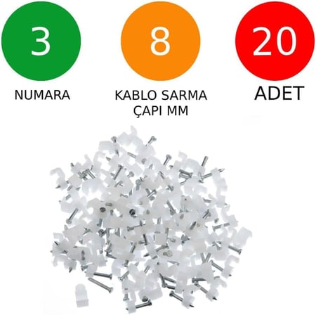 Beton Çivili Kablo Tutucu Kroşe No: 3 – 8 mm Uyumlu – 20 Adet Plastik Kablo Sabitleyici