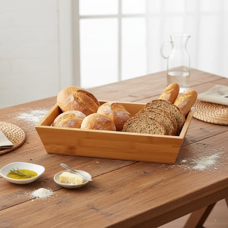 Bambu Ekmek Sepeti ve Sunumluk (33x15x7 cm) | Doğal Ahşap Modern Meyve, Sebze ve Servis Sepeti | Antibakteriyel ve Şık Tezgah Üstü Düzenleyici