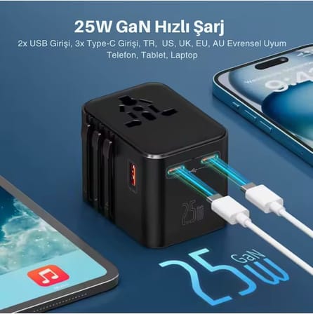 Universal Seyahat Adaptörü, 25W GaN Hızlı Şarj, 2x USB-C + 1x USB-A, Universal Travel Adapter, Priz Dönüştürücü, 200+ Ülke Uyumlu, Çoklu Cihaz Şarj, Kompakt Tasarım