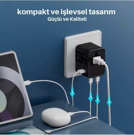 Universal Seyahat Adaptörü, 25W GaN Hızlı Şarj, 2x USB-C + 1x USB-A, Universal Travel Adapter, Priz Dönüştürücü, 200+ Ülke Uyumlu, Çoklu Cihaz Şarj, Kompakt Tasarım