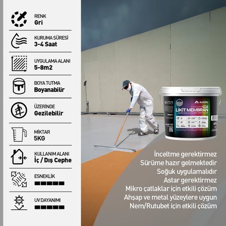 5 KG Likit Membran Renkli Reçine Esaslı Sıvı Su Yalıtım Malzemesi (Gri)