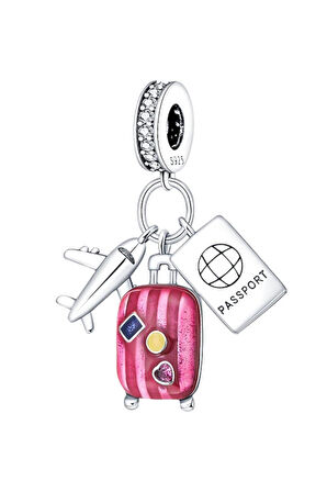 Uçak, Pembe Bavul ve Pasaport Charm | 925 Ayar Gümüş