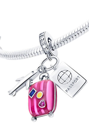 Uçak, Pembe Bavul ve Pasaport Charm | 925 Ayar Gümüş