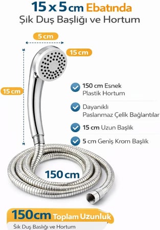 Duş Başlığı Seti 150 cm Hortumlu, 7.5 cm Başlık Çapı, 21 cm Krom Saplı El Duşu, Esnek Plastik Hortum, Paslanmaz Çelik Bağlantı, Basınç Artırıcı Duş Başlığı