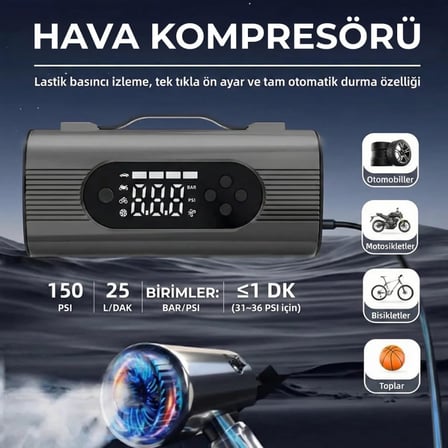 S8 6'sı 1 Arada Akü Takviye ve Hava Kompresörü 150 PSI – Araç Jump Starter, Vakum Özellikli, Powerbank, LED Fener, Otomatik Basınç Ayarlı, Taşınabilir Çok Amaçlı Araç Seti