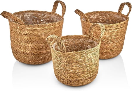 Deconox 3'lü El Yapımı Doğal Hasır Kulplu Yuvarlak Saksı Seti, Hasır El Yapımı Suya Karşı Koruma Poşetli Yuvarlak Örgü Saksı 3'lü Set, Rattan Saksı Seti, (24cm*22cm-22cm*20cm-20cm*18cm)