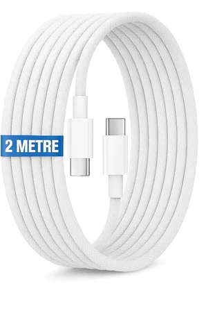 Type C-C, ÖRGÜLÜ 2 METRE, GÜÇLENDİRİLMİŞ BOYUN, 60Watt PD Hızlı Şarj &amp; Data Kablosu, iPhone 15/16 ve Android İçin (200 CM)