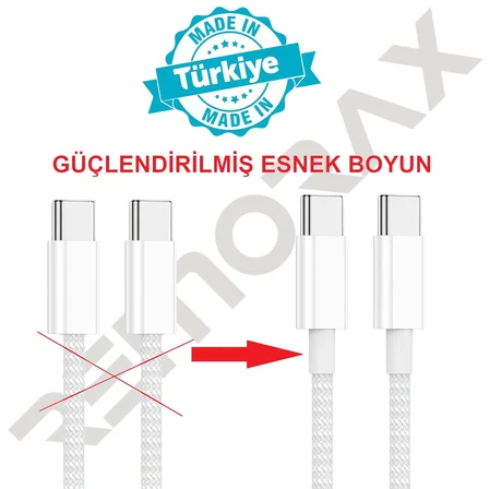 Type C-C, ÖRGÜLÜ 2 METRE, GÜÇLENDİRİLMİŞ BOYUN, 60Watt PD Hızlı Şarj &amp; Data Kablosu, iPhone 15/16 ve Android İçin (200 CM)