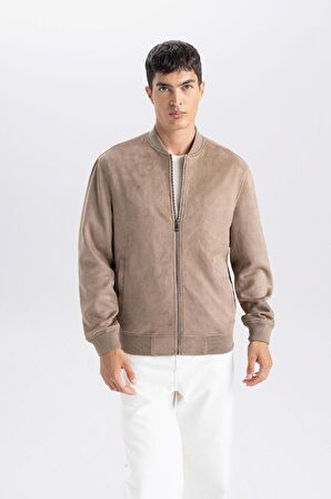 Slim Fit Süet Bomber Mont Ceket Dar Kesim Kolej Yaka Fermuarlı Çift Cepli Mevsimlik Hafif 