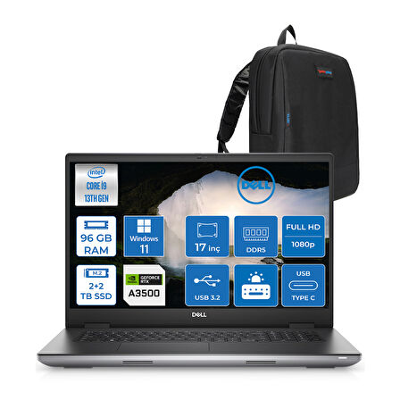 Dell Precision M7780 Intel I9-13950HX 96GB Ddr5 2tb+2tb SSD 12GB/RTXA3500 17.3" Fhd 500NITS Windows 11 Pro Taşınabilir Workstation XCTOP7780EMEA350038+ZETTAÇANTA