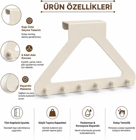 Beyaz Kapı Arkası 6 Kancalı Modern Askı Üçgen Tasarımlı Kapı Askılığı Metal Düzenleyici Çok Amaçlı Havlu Çanta Mont Askısı Pratik Organizer