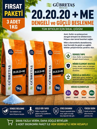 Gübretaş 20.20.20+Me NPK Gübresi 3'li Set, 1 kg