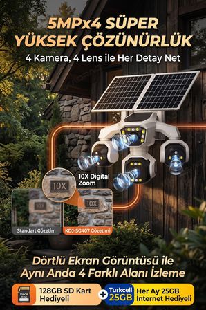 4 Kameralı - Solar Panelli  16000 Mah.  Turkcell Yıllık Hat   20MP Güvenlik Kamerası  YapayZeka Tc25