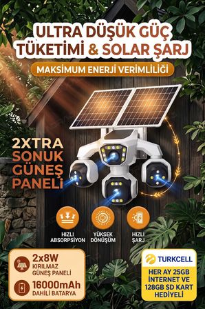 4 Kameralı - Solar Panelli  16000 Mah.  Turkcell Yıllık Hat   20MP Güvenlik Kamerası  YapayZeka Tc25
