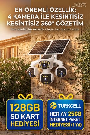 4 Kameralı - Solar Panelli  16000 Mah.  Turkcell Yıllık Hat   20MP Güvenlik Kamerası  YapayZeka Tc25