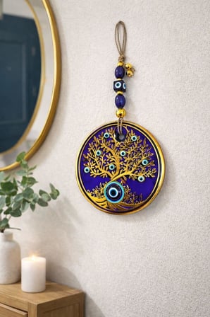 Cam Nazar Boncuklu Duvar Süsü – Hayat Ağacı Desenli – El Yapımı Mavi Cam Evil Eye – Ev &amp; Ofis Dekorasyonu – Koruyucu Şans Simgesi
