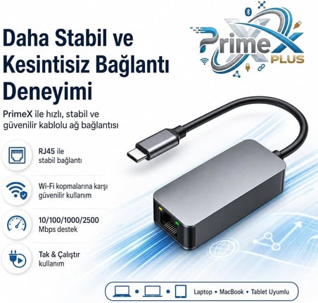 PrimeX PX-4752 Type C To Gigabit Ethernet, Type C to RJ45 10/100/1000/2500Mbps Gigabit İnternet Çevirici, TypeC to Ethernet Dönüştürücü Adaptör