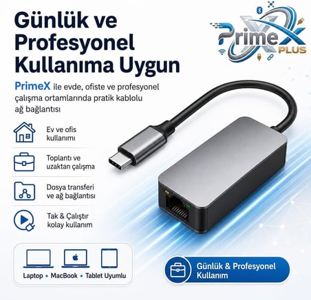 PrimeX PX-4752 Type C To Gigabit Ethernet, Type C to RJ45 10/100/1000/2500Mbps Gigabit İnternet Çevirici, TypeC to Ethernet Dönüştürücü Adaptör