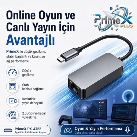 PrimeX PX-4752 Type C To Gigabit Ethernet, Type C to RJ45 10/100/1000/2500Mbps Gigabit İnternet Çevirici, TypeC to Ethernet Dönüştürücü Adaptör