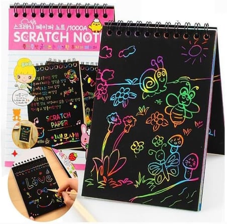 Sihirli Gökkuşağı Kazıma Defteri A6 10x15 cm 3 Paket 10 Sayfa Scratch Note Spralli Siyah Sihirli Resim Defteri