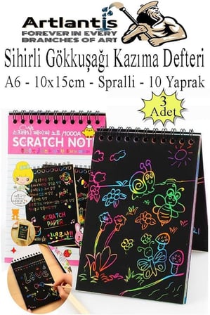 Sihirli Gökkuşağı Kazıma Defteri A6 10x15 cm 3 Paket 10 Sayfa Scratch Note Spralli Siyah Sihirli Resim Defteri