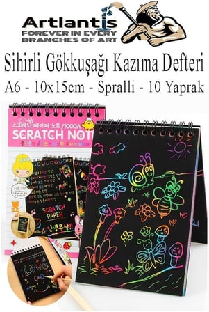 Sihirli Gökkuşağı Kazıma Defteri A6 10x15 cm 3 Paket 10 Sayfa Scratch Note Spralli Siyah Sihirli Resim Defteri