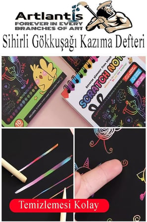 Sihirli Gökkuşağı Kazıma Defteri A6 10x15 cm 3 Paket 10 Sayfa Scratch Note Spralli Siyah Sihirli Resim Defteri
