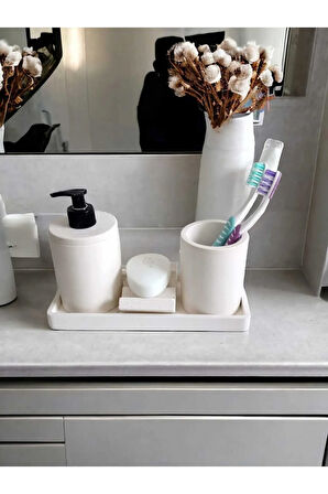 4'lü Kırık Beyaz Banyo Seti , Sıvı Sabunluk Diş Fırçalığı Beton Aksesuar Takım