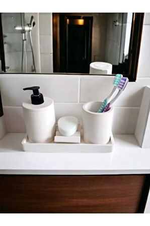 4'lü Kırık Beyaz Banyo Seti , Sıvı Sabunluk Diş Fırçalığı Beton Aksesuar Takım