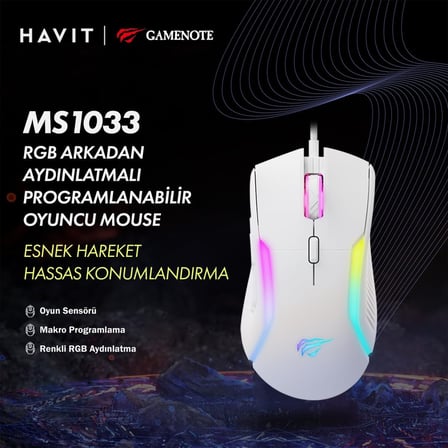 Havit Gamenote MS1033 RGB Uyumlu Beyaz Gaming Makrolu Oyuncu Mouse 8000 DPI